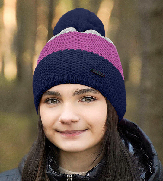 Czapka zimowa z pomponem, sportowa, kolorowa, granat/róż, 54-56 cm	
