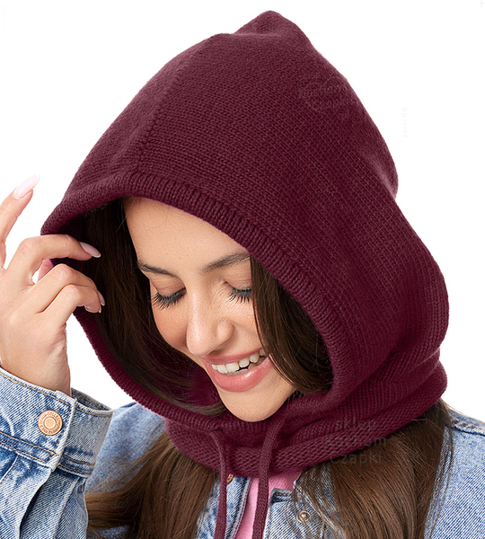 Komin z kapturem damski, kominiarka/kaptur zimowy wełniany, Ruanna, bordowy, 55-60 cm