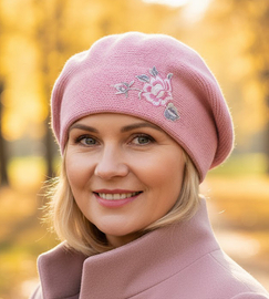 Czapka zimowa damska, beret pieczarka, Tesoni v5, róż jasny, 55-57 cm