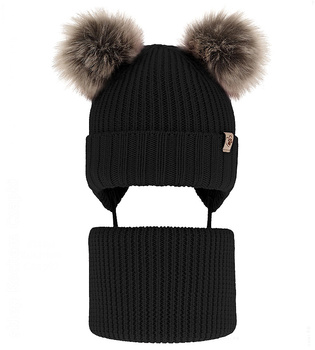 Komplet czapka zimowa i komin z wełny merino, dla dziewczynki, czarny, Lisvia, 50-52 cm