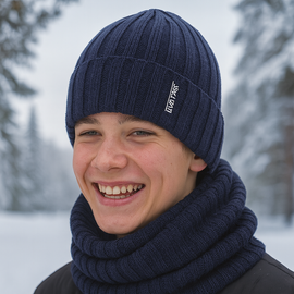 Czapka i komin dla chłopca, merino 50%, Nabasco, granatowy, 55-57 cm