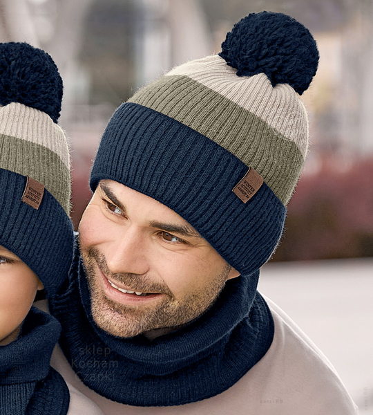 Modna czapka i komin zimowy męski, Gutwin, granatowy + zielony, 56-60 cm