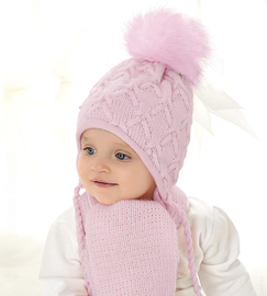 Czapka i szalik dla dziewczynki, zimowy komplet z perełkami, Marima,  róż brudny jasny, 44-46 cm