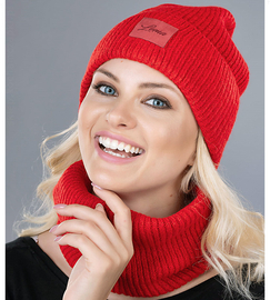 Czerwona czapka i komin damski, w prążek,  czerwona Veronika rozm. 56-58