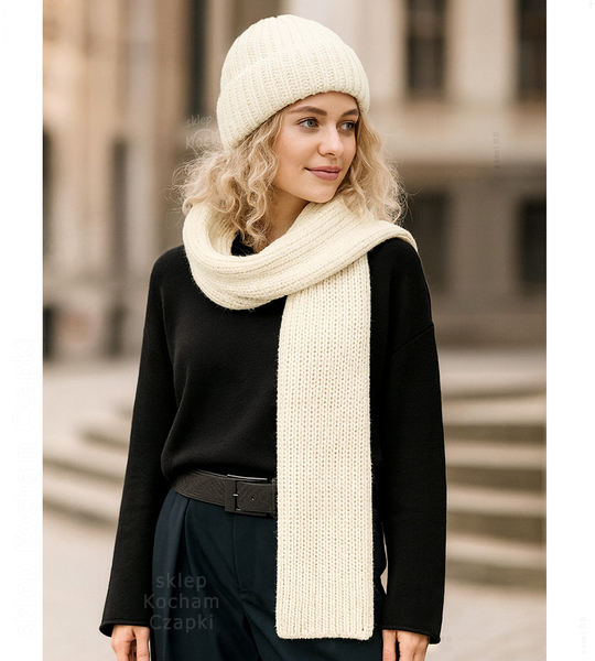 Komplet czapka i szalik,  merino 100%, Porshia, kremowy, 55-56 cm