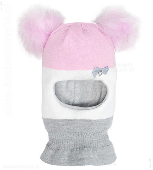 Czapka kominiarka dla dziewczynki, dwa pompony, róż+biały, Kajsa, 46-49 cm 