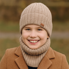 Czapka i komin dla chłopca, zimowy komplet, 100% wełniany merino, Buerto, beżowy, 55-57 cm