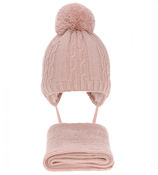 Komplet zimowy dla dziewczynki, czapka i szalik, Nancy, różowy, 50-54 cm