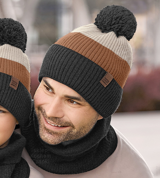 Modna czapka i komin zimowy męski, Gutwin, grafit+ brązowy, 56-60 cm