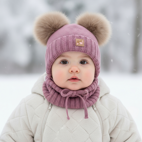 Czapka i komin dla dziewczynki, 100% merino, z polarem wełnianym, Norina, wrzosowy, 42-45 cm