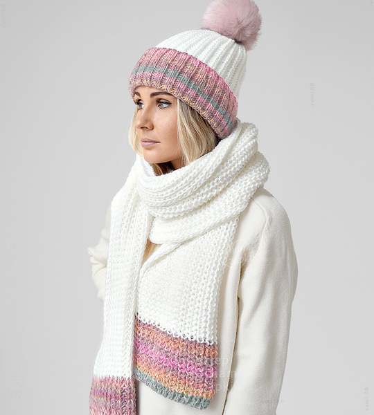 Czapka i szalik damski, komplet zimowy, z polarem, Borgata, mleczny + wzór (15) , 56-58 cm