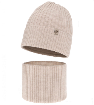 Czapka i komin dla dziewczynki, 100% merino, Temira, beżowy, 53-56 cm