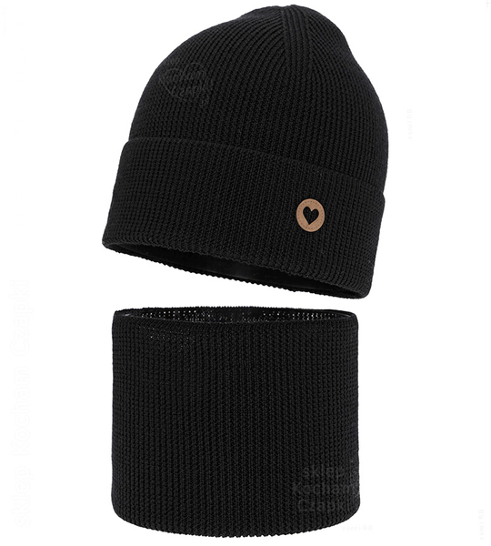 Czapka i komin dla dziewczynki, jesienny/wiosenny komplet wełniany, 100% merino, Corrie, czarny, 48-50 cm