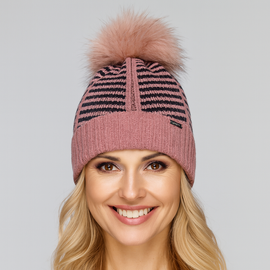 Zimowa czapka damska, żakardowa, Gelna, jodełkowy wzór, różowa, 56-58 cm