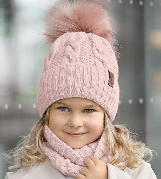 Czapka i komin dla dziewczynki, komplet zimowy, Millva, różowy, 54-56 cm