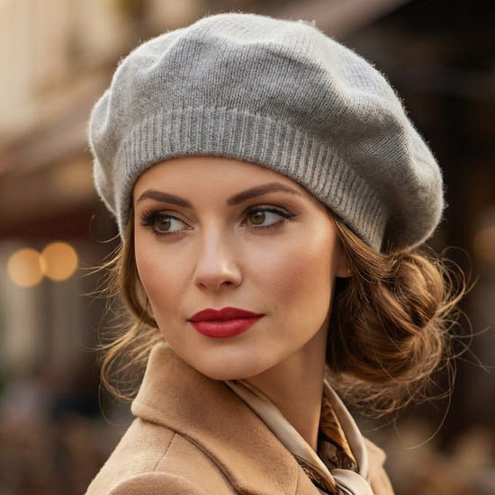 Beret damski z wełny merino i kaszmiru, Sofia, szary, 55-58 cm