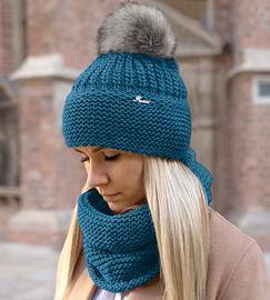 Damska czapka z pomponem i komin zimowy, Mauricia, morski (2), 55-57 cm