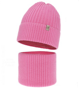 Czapka i komin dla dziewczynki, 100% merino, Temira, różowy (11) , 53-56 cm