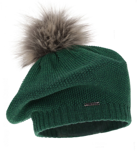  Beret damski, zimowy, z wełną merino, Nobbie, zielony, 55-58 cm