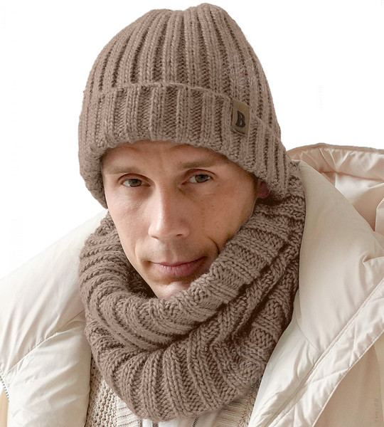 Czapka i komin zimowy męski, Jobrin,  2w1, beżowy (2), 56-62 cm