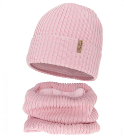 Czapka i komin dla dziewczynki, z wełną merino, Edotie, jasny róż, 53-56 cm