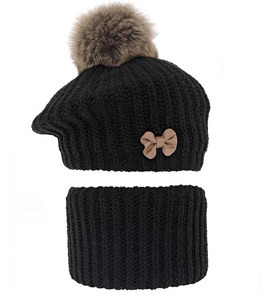 Beret zimowy i komin dla dziewczynki, Lopezja, czarny, 52-54 cm
