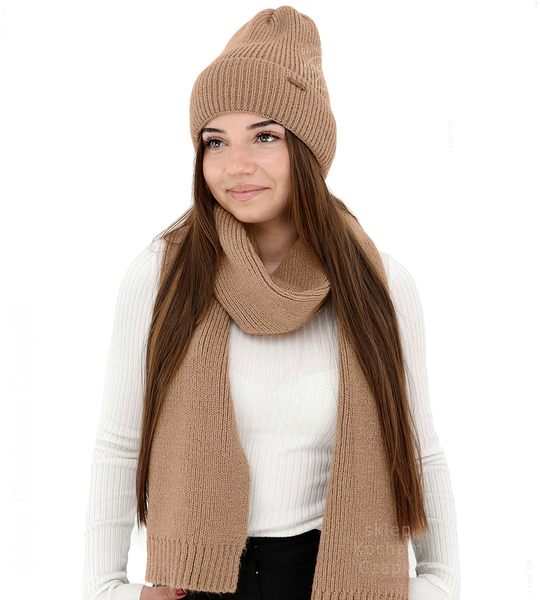 Komplet zimowy damski, czapka i szalik, z wełną merino, Alyssa, kamel, 56-60 cm