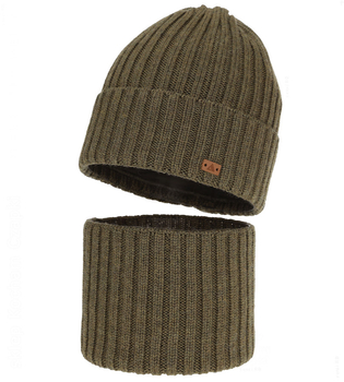 Czapka i komin dla chłopca, zimowy komplet, 100% wełniany merino, Buerto, khaki, 55-57 cm