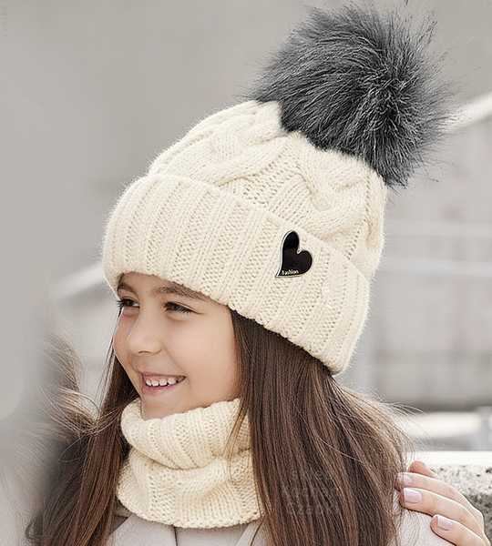 Czapka i komin dla dziewczynki, komplet zimowy, Vitona, kremowy, 54-56 cm