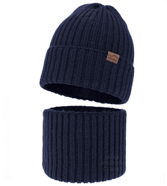 Czapka i komin dla chłopca, z wełną merino, Raqmin, granatowy, 53-56 cm