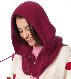 Komin z kapturem damski, kominiarka damska, kaptur zimowy, angora i wiskoza, Farina, bordowy, obw. 55-60 cm