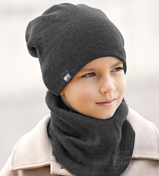 Zimowa czapka i komin, sportowy komplet dla chłopca, Creation, dwustronny, beżowy + grafit, 50-55 cm