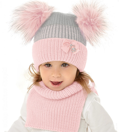 Czapka zimowa i golf, dwa pompony, róż jasny + szary, Apolonia, 50-54 cm