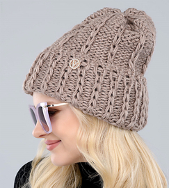 Czapka zimowa damska, włóczkowa, ciemny beżowy, Wilhelmina, 54-57 cm