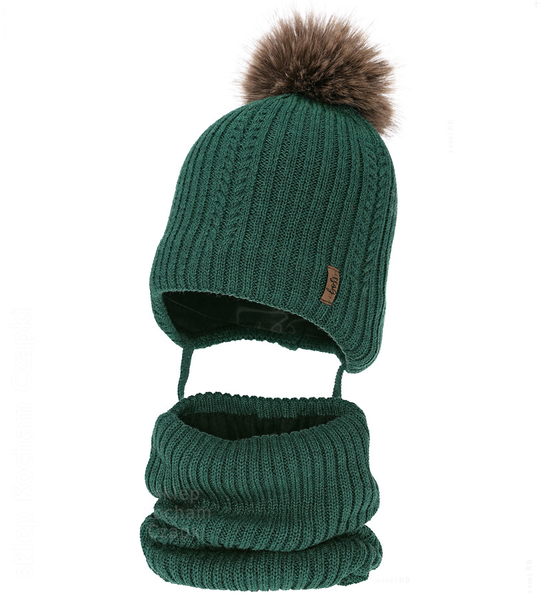 Czapka i komin dla chłopca, z wełną merino, Gonzo, zielony, 48-50 cm