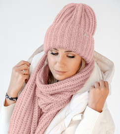 Czapka i szalik damski, podwijana i długi szal, wełna, Limda, róż jasny (2), 56-59 cm