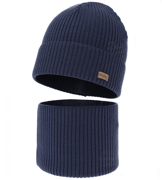 Czapka i komin dla chłopca, jesienny/wiosenny komplet, 100% wełna merino, Tinros, granatowy (07), 48-50 cm