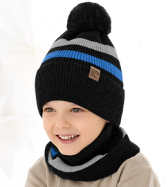 Czapka zimowa z kominem dla chłopca, Kindu, czarny+niebieski, rozm. 54-56 cm