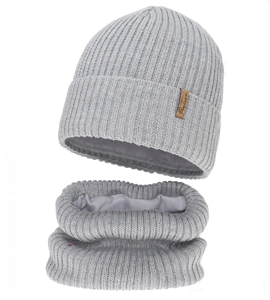 Czapka i komin dla dziewczynki, z wełną merino, Edotie, szary (06), 53-56 cm