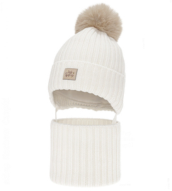 Czapka i komin dla dziewczynki, zimowy komplet, 100% wełniany merino, Lamesia, biały, 47-49 cm