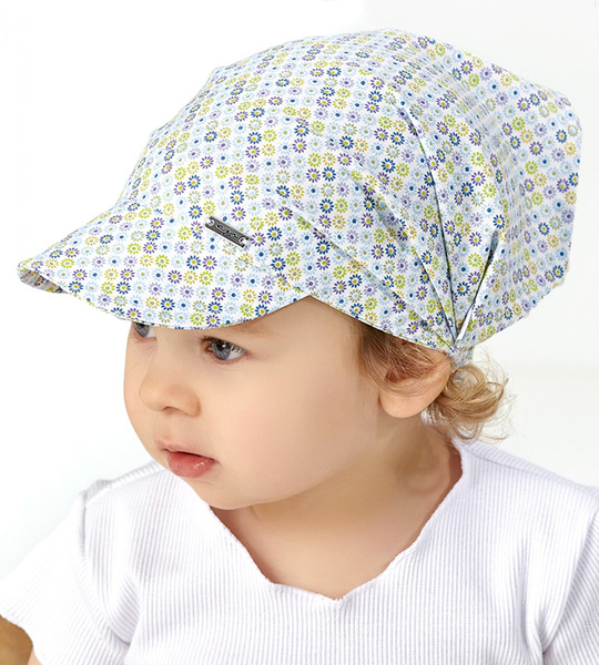 Chustka z daszkiem, na gumce, na głowę dla dziewczynki, niebiesko-zielony, Karinka, 50-53 cm