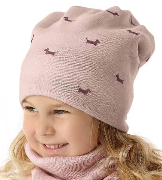 Czapka smerfetka zimowa dla dziewczynki, dwustronna, pieski jamniki, Lusija, bordo, 50-54 cm