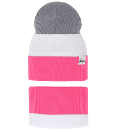Komplet wiosenny/jesienny dla dziewczynki, róż neon + biały + szary, czapka i komin, Ladila, 50-54 cm