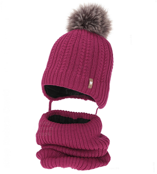 Czapka zimowa i komin z wełną merino, dla dziewczynki, Anmunda, róż amarant, 48-50 cm