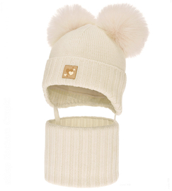 Czapka i komin dla dziewczynki, 100% merino, z polarem wełnianym, Norina, kremowy, 42-45 cm
