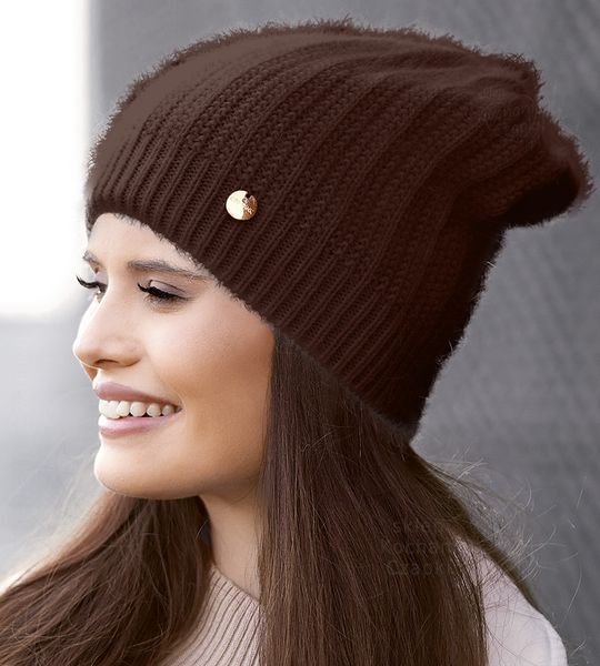 Czapka zimowa, damska, Loana, z angorą, brązowy, 55-58 cm