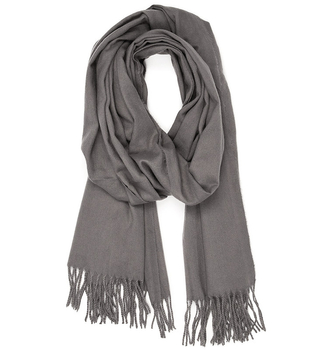 Szalik damski ciemnoszary cienki z frędzlami – miękki, poliestrowy, na jesień i zimę