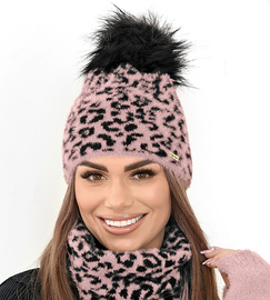 Czapka zimowa z pomponem, damska, panterka Paraiso, alpaka, różowy, 55-58 cm