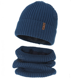 Czapka i komin dla chłopca, z wełną merino, Locton, niebieski (01), 50-52 cm