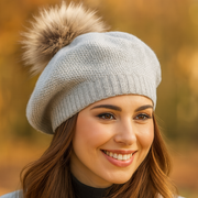 Beret damski, zimowy, z wełną merino, Nobbie, szary, 55-58 cm